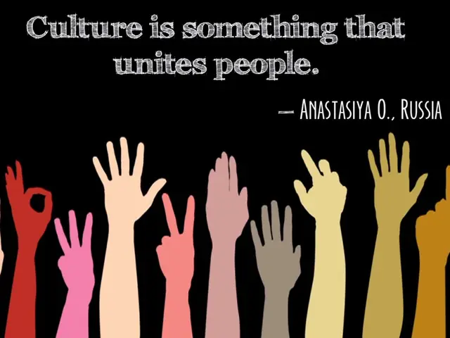 The image shows a poster with many hands of different colors, with the quote "Culture is something...