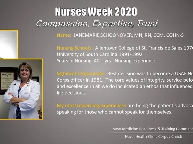 The image shows a poster with two photos of nurses on the left side and text on the right side. The...