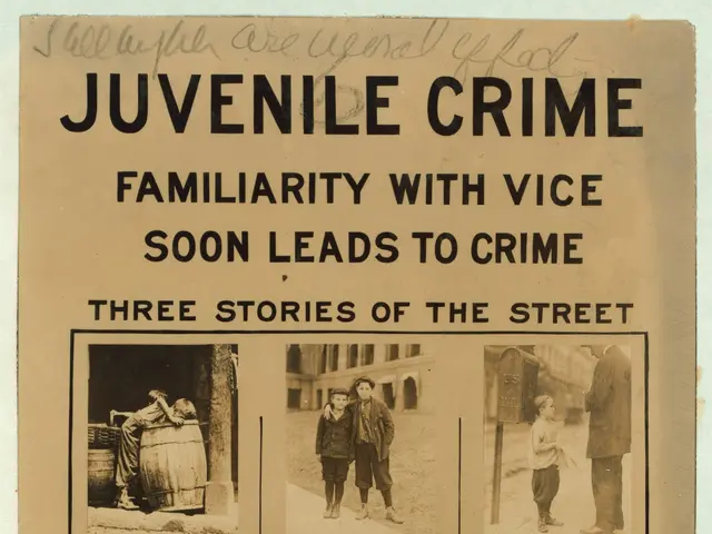 The image shows a poster with text and pictures of people, depicting a juvenile crime family with...