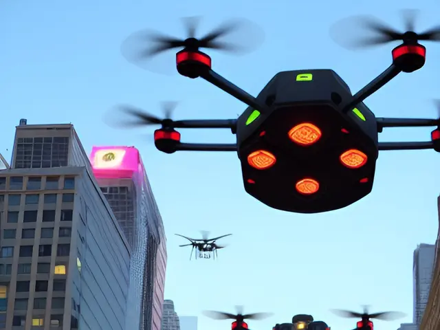 The image shows a group of drones flying over a city street filled with people, illuminated by the...