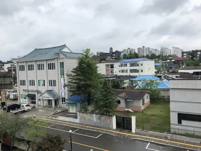 The image shows a view of a city from the top of a building, with buildings, trees, street poles,...