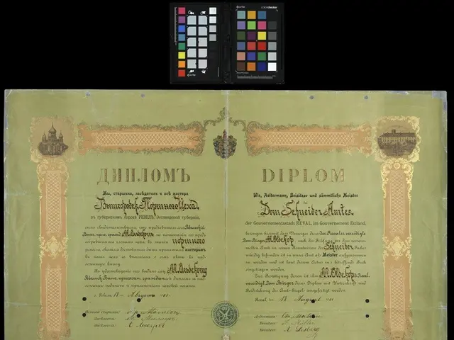 The image shows an old diploma with a black background and a color palette of different colors at...