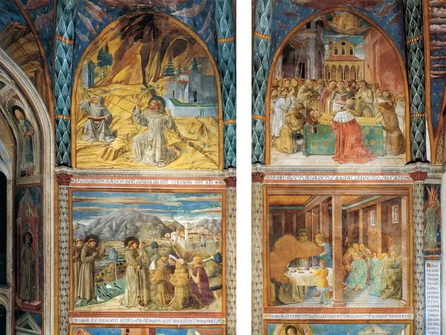 The image shows two frescoes on the walls of a church in Italy, depicting scenes from the life of...