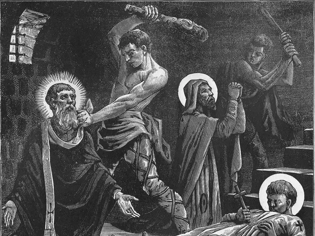 The image shows a black and white poster depicting Saint Andoche, Saint Thyrse and Saint Felix...