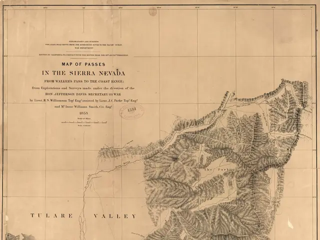 The image shows an old map of the Sierra Nevada region, with text written on it. The map is...