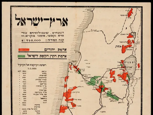 The image shows an old map of Israel with red and green lines indicating the extent of the Israeli...