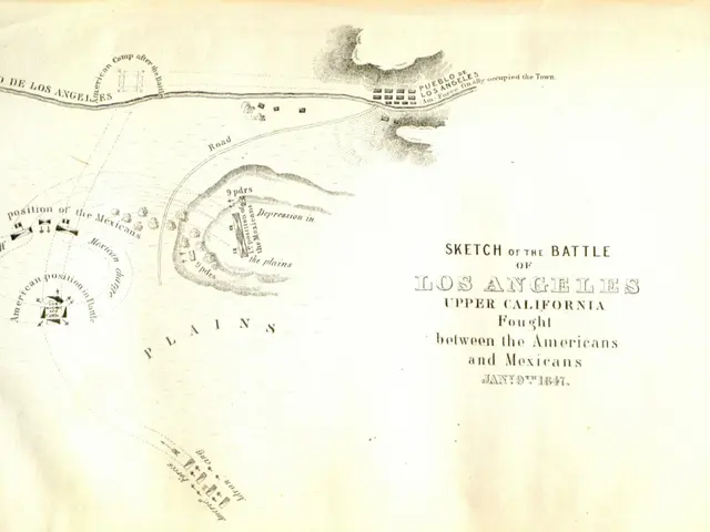 The image shows a paper with a sketch of the battle of Los Angeles in 1847, with the upper...