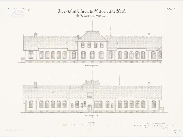 The image shows a drawing of a large building with a lot of windows, which is identified as the...