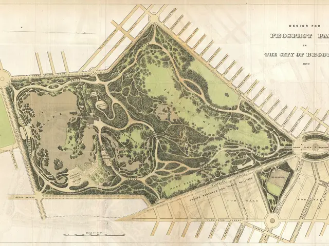 The image shows a map of the proposed park in the city of Brooklyn, New York. It is a detailed plan...
