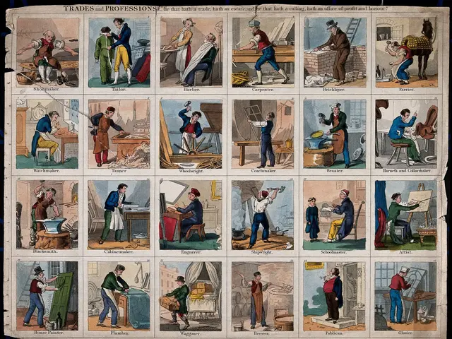The image shows a collage of pictures of people working in various professions, such as trades and...