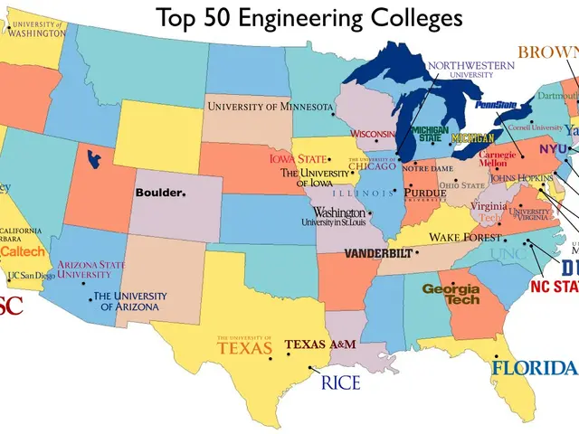 The image shows a map of the United States with the top 50 engineering colleges highlighted in...