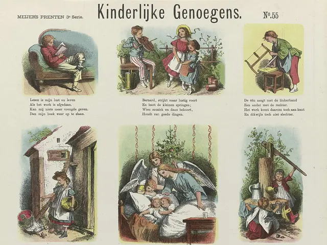 The image shows an old book with illustrations of children playing in the garden. There is a girl...