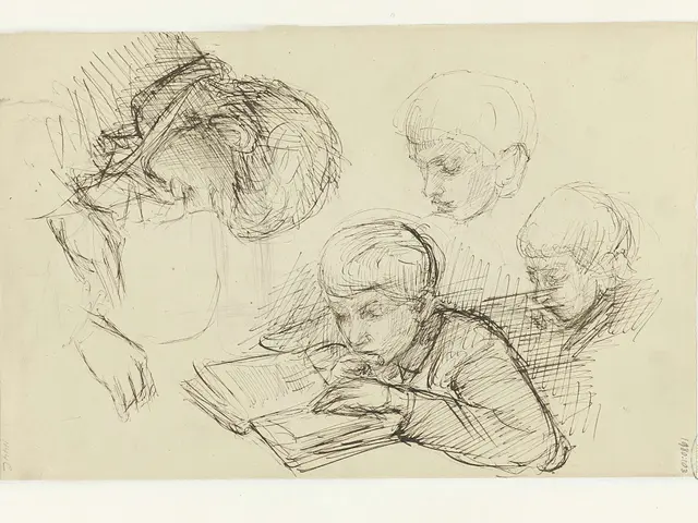 The image shows a drawing of three children sitting at a table, with one of them reading a book....