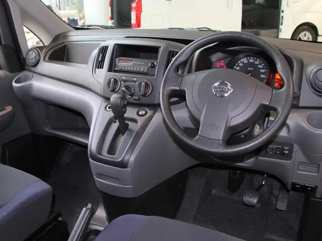 The image shows the interior of a small van with a steering wheel, dashboard, seats, gear rod,...