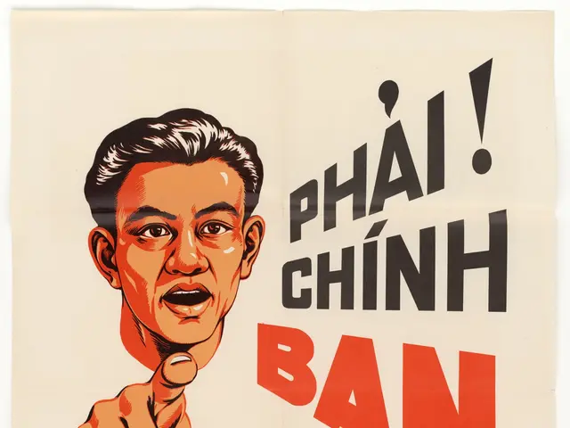 The image shows a Vietnamese propaganda poster with a man pointing at the camera. The poster has a...