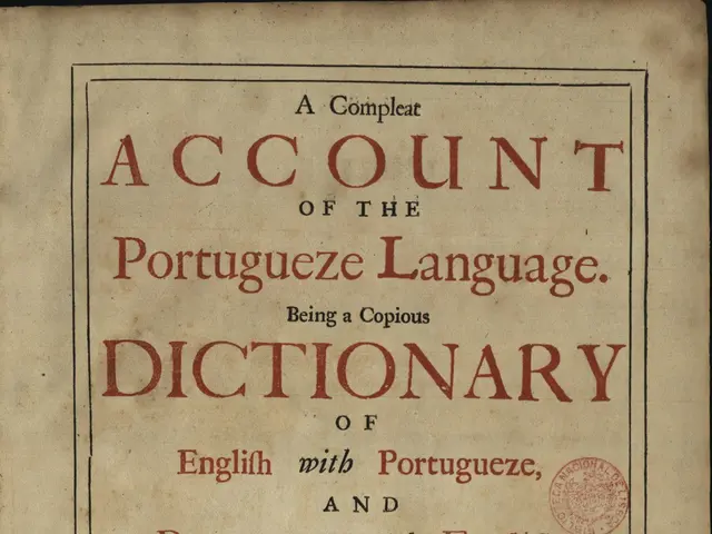 The image shows an old book with the title "Account of the Portuguese Language Dictionary" printed...