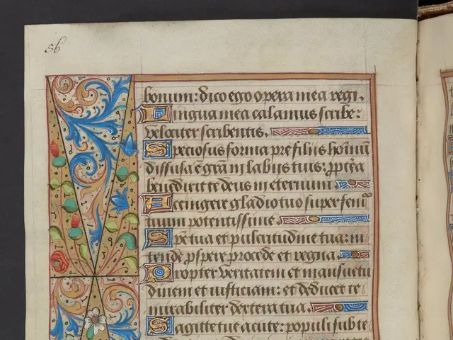 The image shows an open book with an illuminated manuscript featuring a floral design. The page is...
