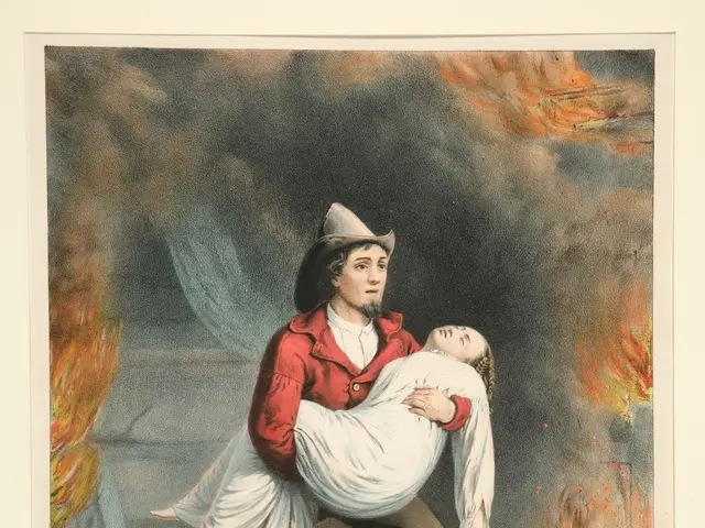 The image shows an American firefighter carrying a woman in his arms, with a backdrop of fire and...