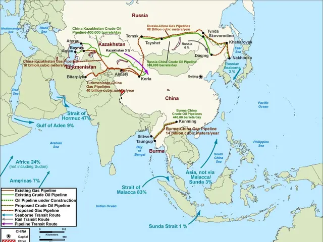 The image shows a poster with a map of the world, depicting the proposed oil and gas pipelines. The...
