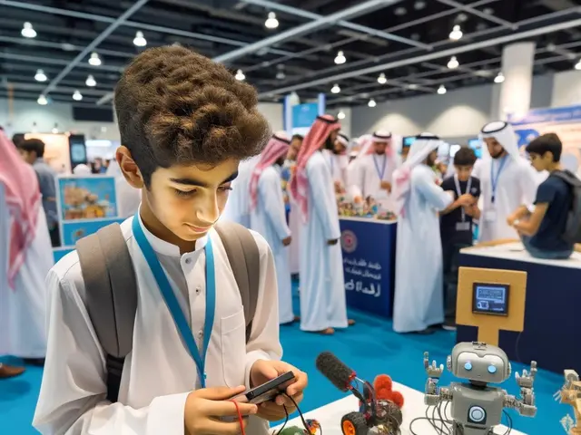 The image shows a young boy wearing a bag and holding a mobile phone in his hand, surrounded by a...