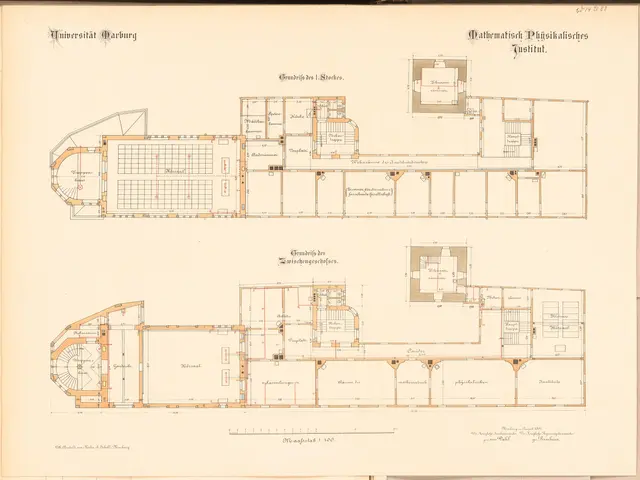 The image shows a drawing of a floor plan of a building with a lot of rooms, including the ground...