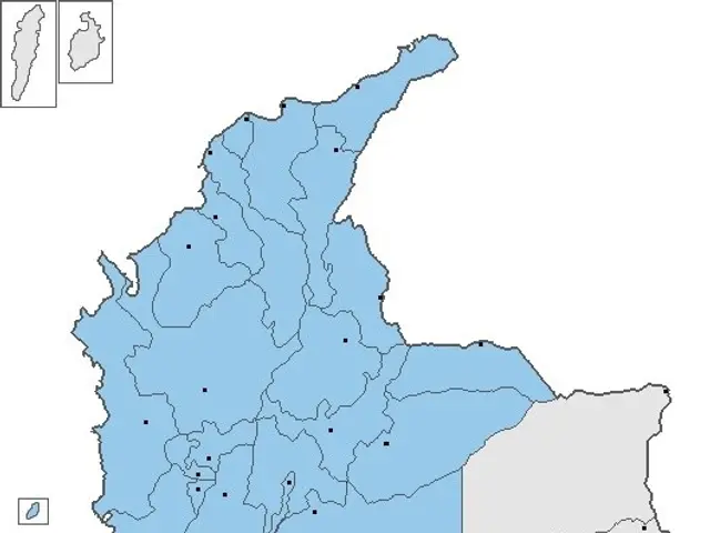 The image shows a map of Colombia with the provinces highlighted in blue. At the top left corner of...