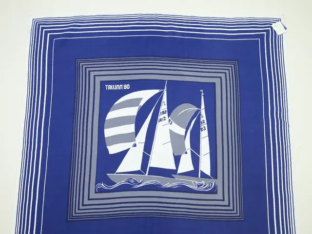 The image shows a blue and white handkerchief with a sailboat on it, set against a white...