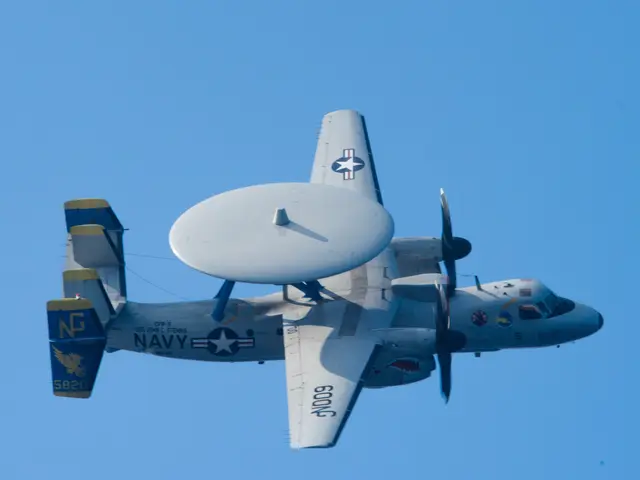 The image shows a large propeller plane flying through a bright blue sky with a satellite dish on...