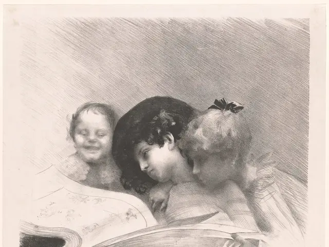 The image shows a black and white drawing of three children reading a book. The children are...
