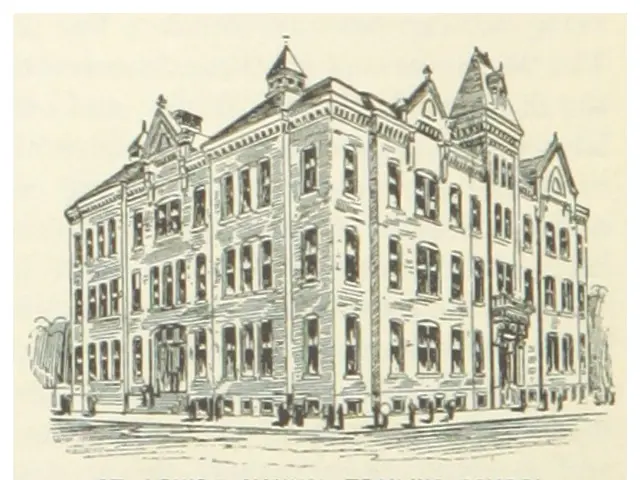 The image shows a drawing of St. Louis Manual Training School, with a few people standing in front...