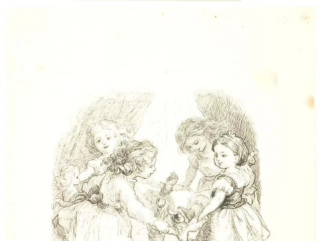The image shows a drawing of a group of children playing with each other, with a human face in the...
