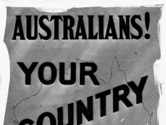 The image shows a black and white poster with the words "Australians Your Country Needs You"...