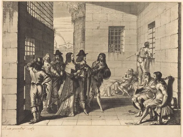 The image shows a black and white drawing of a group of people in a prison, with some standing and...