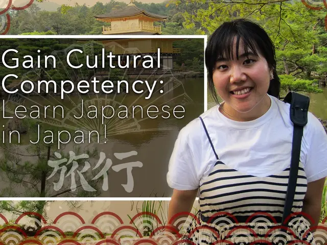 The image shows a woman standing and smiling in front of a tranquil landscape of water, plants,...