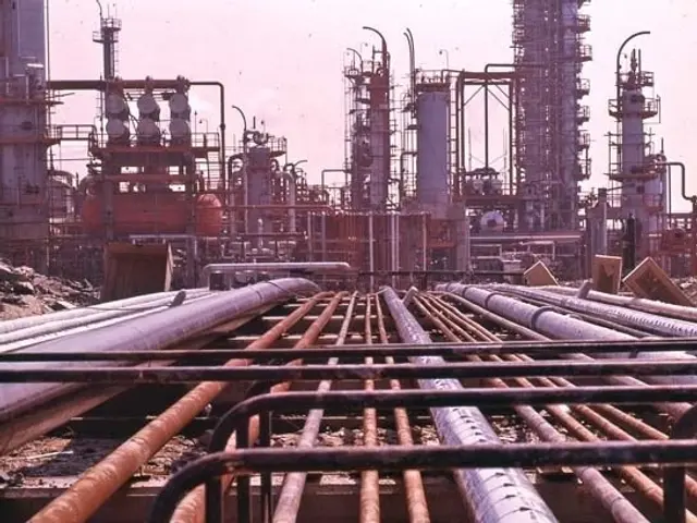 The image shows an oil refinery with a large number of pipes and metal rods in the foreground, and...
