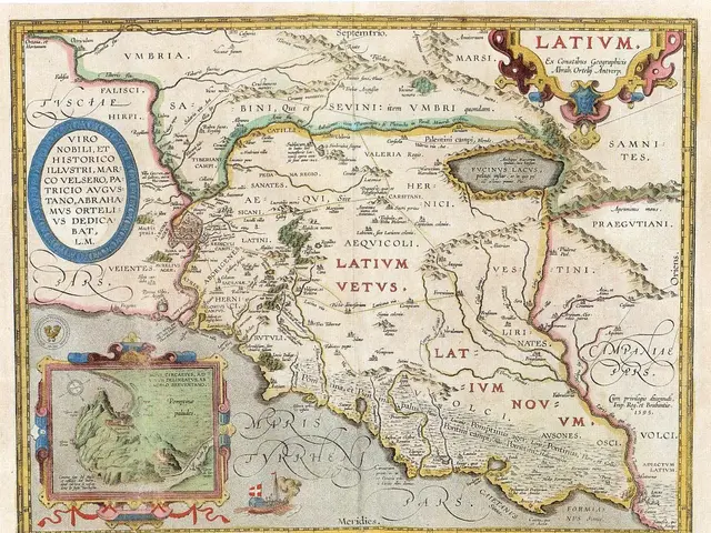 The image shows a poster of a map of Latin America from the 16th century. It is a detailed map with...
