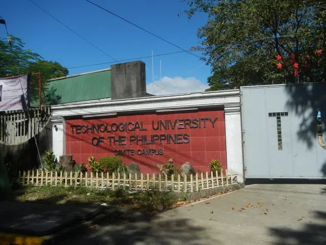 The image shows the technological university of the Philippines, with a name board on the wall, a...
