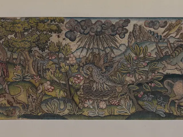 The image shows a tapestry depicting a scene from a medieval manuscript, with people, animals,...