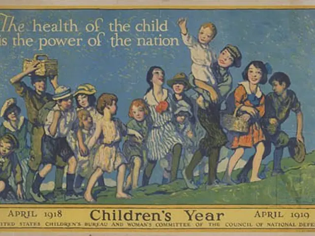 The image shows a poster with a group of children standing on the ground, some of them holding...