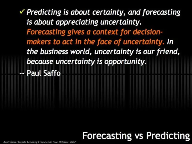 The image shows a black background with text that reads "Forecasting vs Predicting: Predicting is...