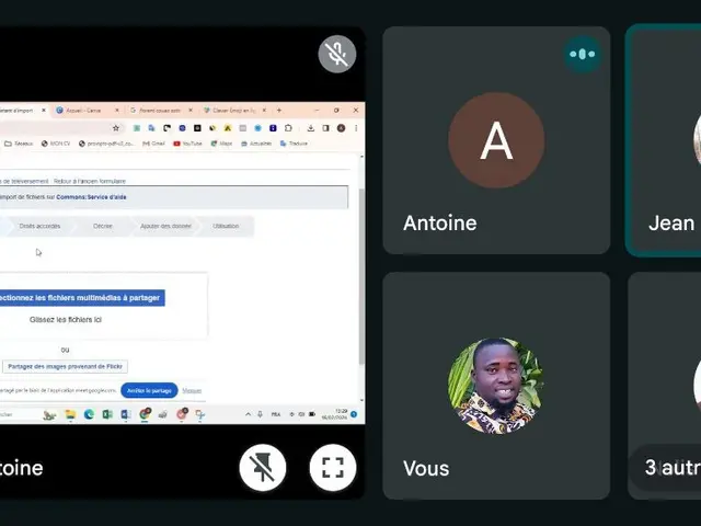 The image shows a screenshot of a computer screen with a group of people on it. On the right side...