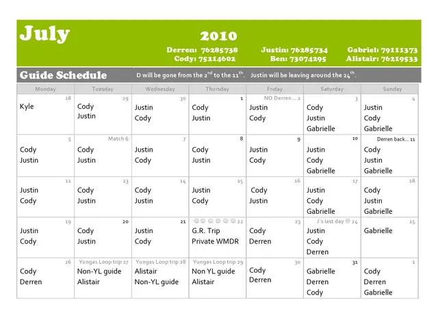 The image shows a calendar with the words "July 2010 Guide Schedule" written on it, indicating that...