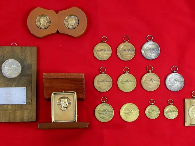 The image shows a collection of medals on a red cloth, with a wooden object in the center. The...