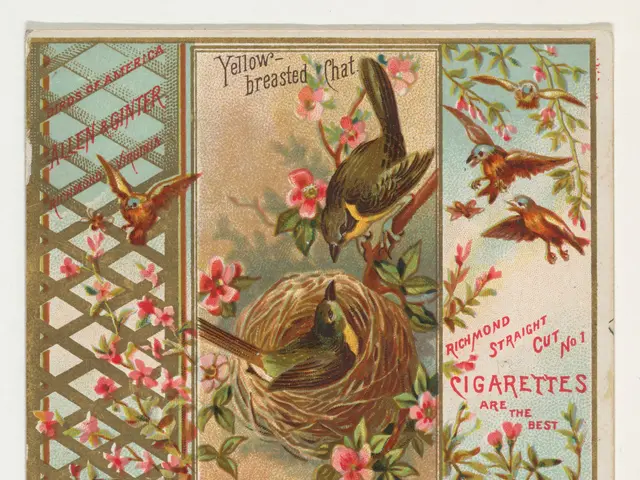 The image shows an old cigarette card with a bird perched atop a nest surrounded by flowers and...