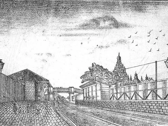The image shows a black and white drawing of a train station with a train on the tracks, surrounded...