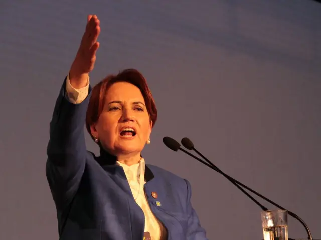The image shows a woman standing at a podium in front of a screen, with a glass of water and two...