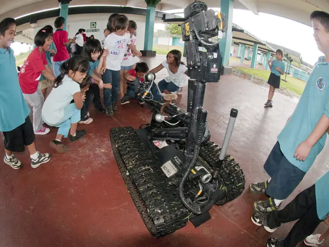 The image shows a group of children standing around a robot in a room with a roof, pillars, sign...