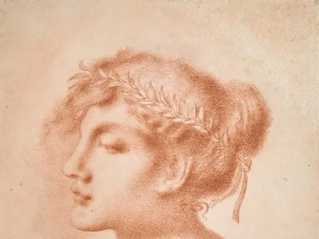 The image shows a drawing of a woman with a wreath on her head, her face illuminated by a warm...