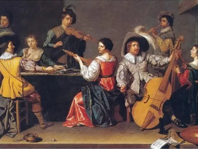 The image shows a painting of a group of people playing musical instruments in a room, with a table...