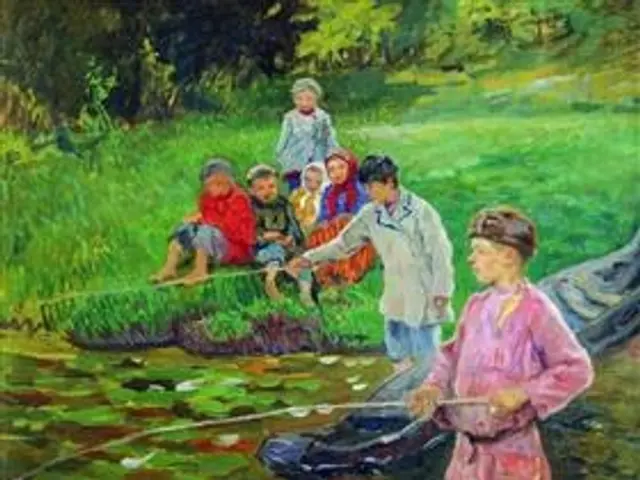 The image shows a painting of a group of children fishing in a river, surrounded by lush green...